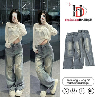  Quần Bò Nữ Ống Rộng Dài Cạp Cao Rách Gối Mềm Mịn Tôn Dáng J054 - HD Boutique 
