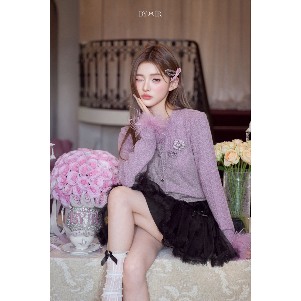 BY IR - Cardigan Len Cottin Tím Lông Vũ / Vianne Cardigan ( Tặng Kèm Cài Hoa Trà)