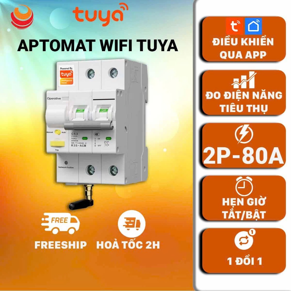 Aptomat Wifi, Cầu Dao Tổng Điều Khiển Qua Wifi, RS485 Tuya 80A, đo điện năng, BH 12 tháng