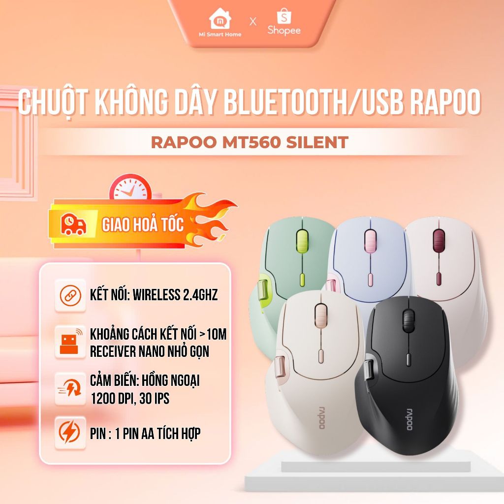 Chuột không dây Bluetooth/USB 2.4Ghz Rapoo MT560 Silent Không Tiếng Ồn Với 7 Mức DPI Tùy Chỉnh