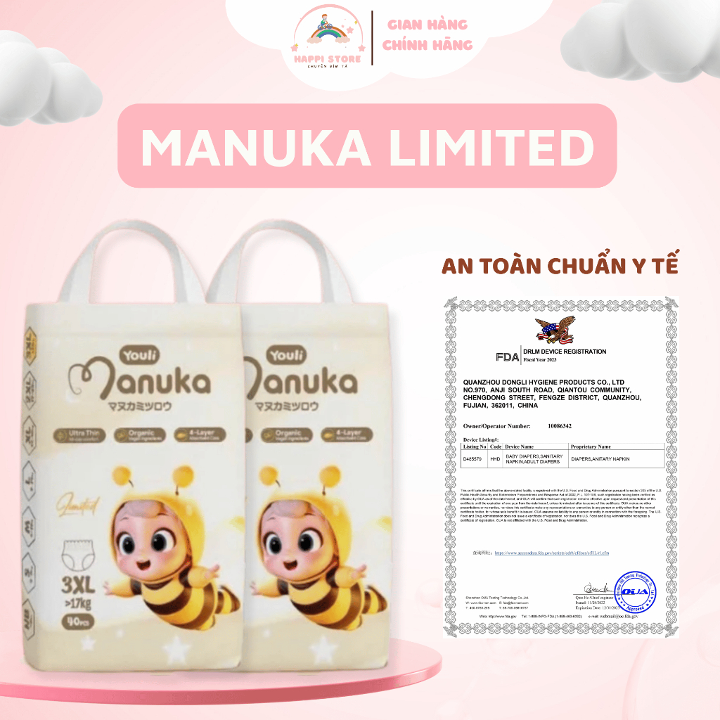 Tã Bỉm MANUKA LIMITED siêu mỏng thoáng khí thấm hút nhanh chống hăm hiệu quả