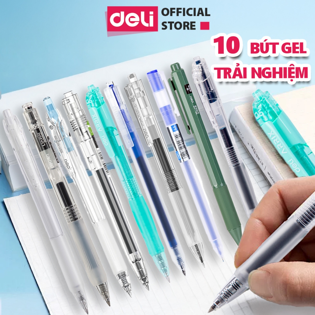 Combo 10 Bút Gel Deli Các Loại Random Nhiều Mẫu Mực Đen Deli - Bút Bi Nước Nhanh Khô Viết Mượt A575 