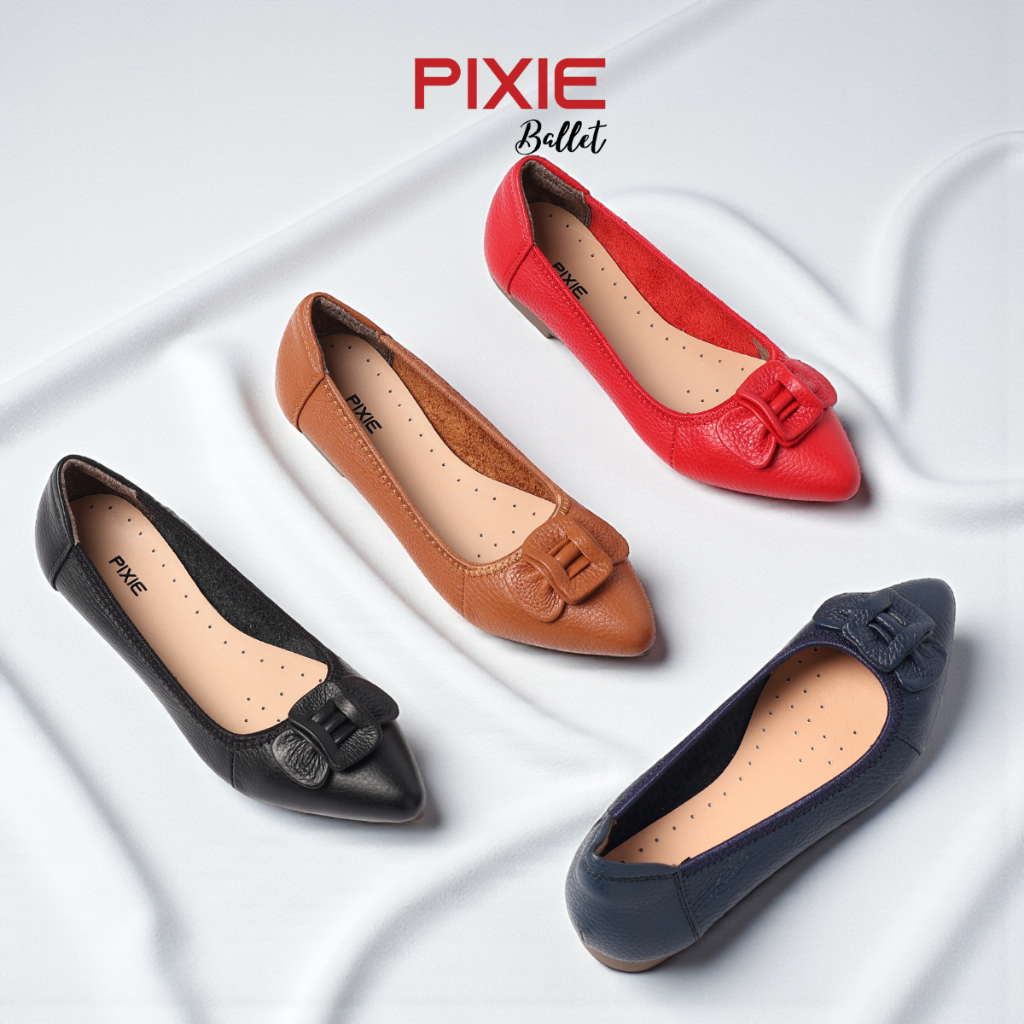 Giày Búp Bê Nữ Mũi Nhọn Da Thật Nơ Xếp Pixie P126