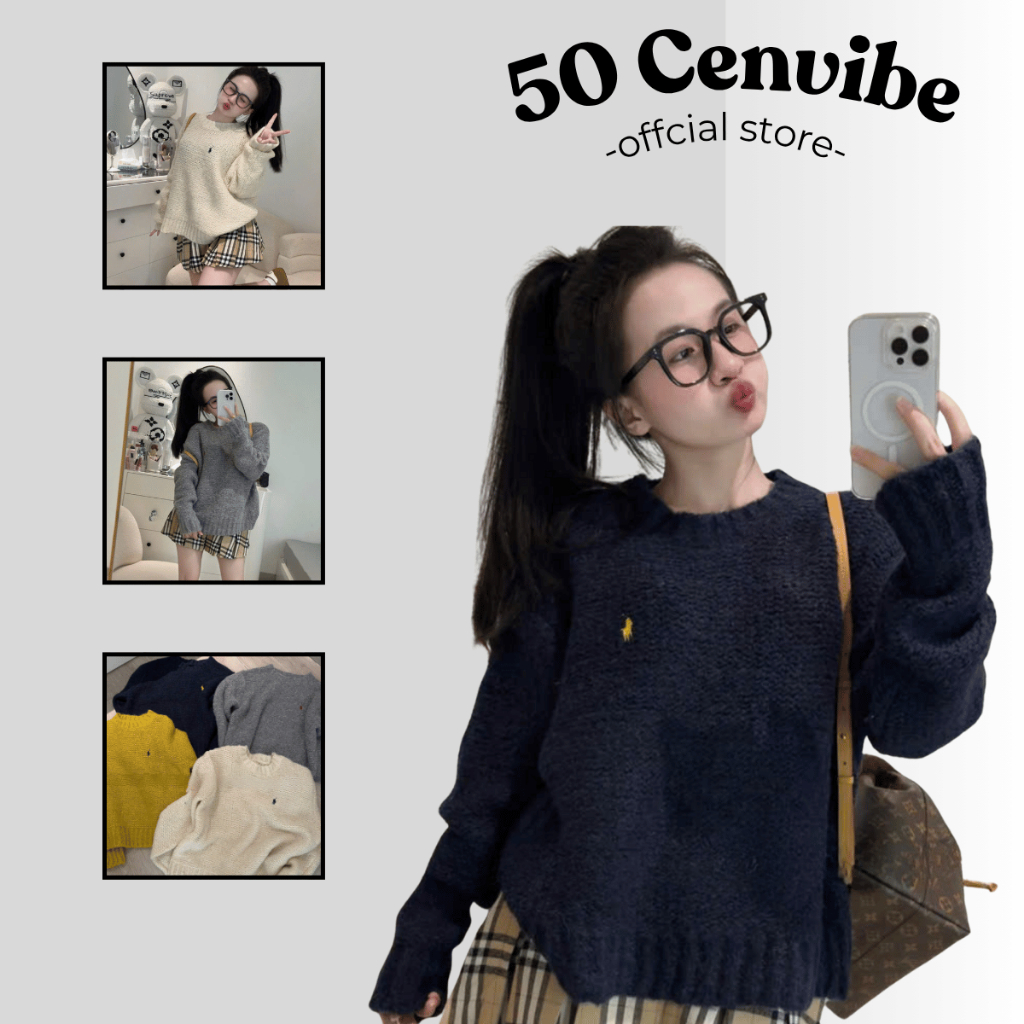 Áo Len Cổ Tròn Dài Tay Màu Trơn Basic Dáng Rộng Thêu Ngựa Hottrend Phong Cách Korea (50 Cenvibe Clot