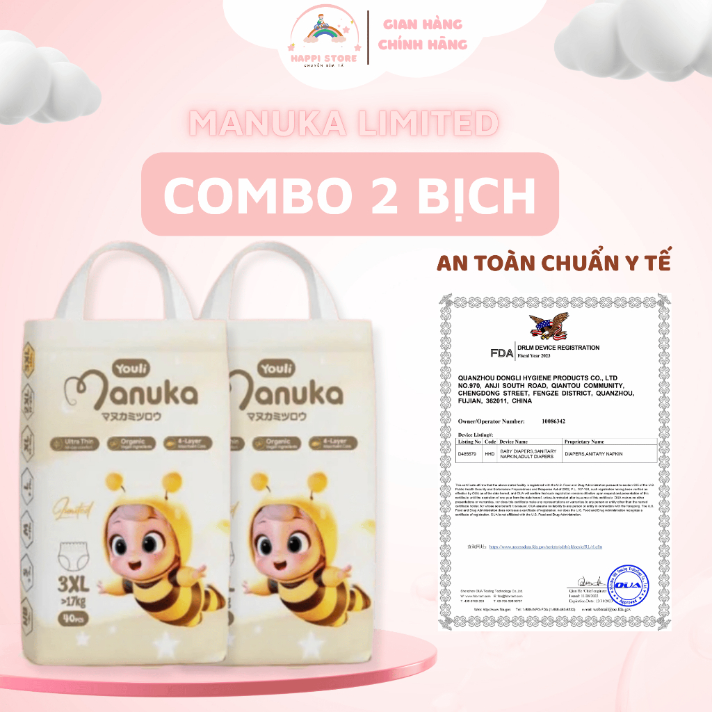 [Combo 2 bịch] Tã Bỉm MANUKA LIMITED siêu mỏng thoáng khí thấm hút nhanh chống hăm hiệu quả