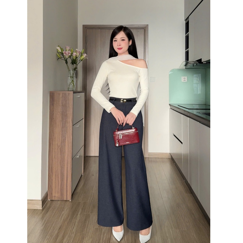 Quần Jeans suông ống rộng cạp cao vải mềm cao cấp HERIN - QJ01