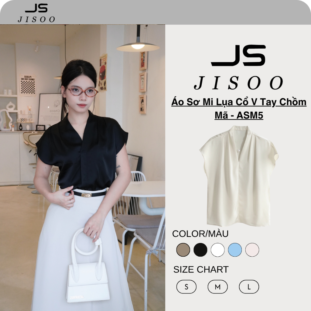 Áo sơ mi ngắn tay hến cổ V JISOO FASHIONS dáng rộng phong cách công sở chất lụa cao cấp mềm mịn ASM5