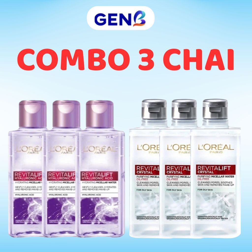 Combo 3 Chai Nước Tẩy Trang Loreal 95ml Xám/Tím - Tẩy Trang Làm Sạch Da Dành Cho Da Khô, Dầu Mụn - GenB