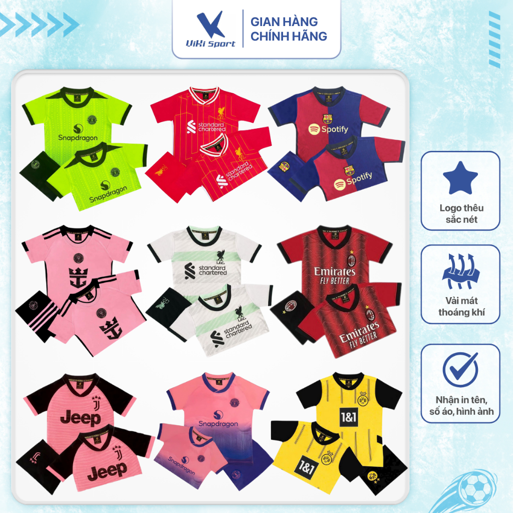 Bộ quần áo đá bóng cho trẻ Từ 10kg đến 45kg, chất liệu thun lạnh cao cấp, thoáng mát SV07 | ViKi Sport