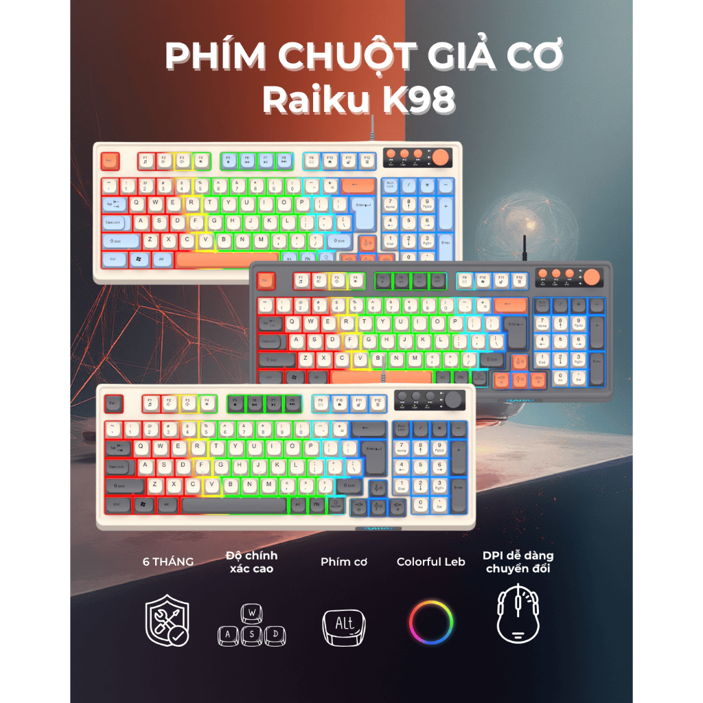 BÀN PHÍM GIẢ CƠ GAMING RAIKU K98 – "LED RAINBOW SIÊU ĐẸP" FULL SIZE CHO GAMER "BUDGET PRO" VÀ "OFFIC