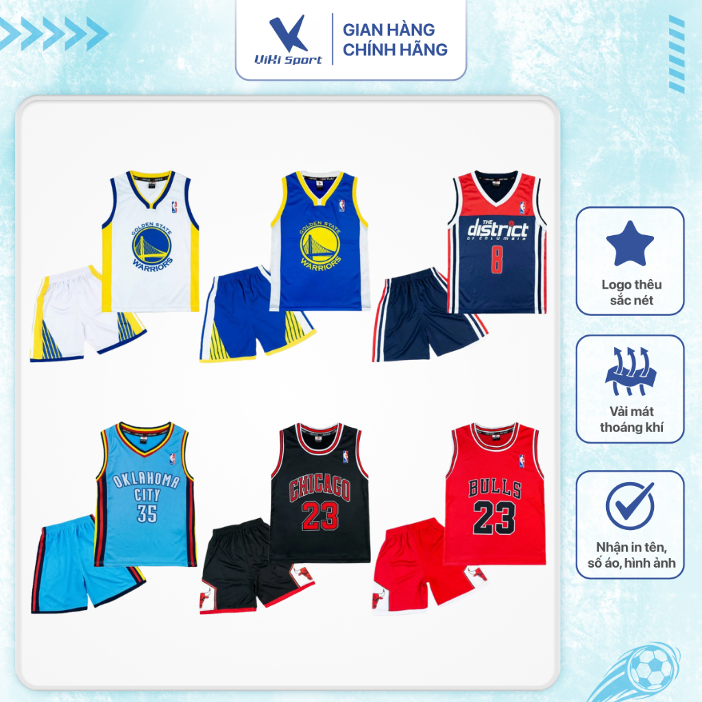 Bộ quần áo bóng rổ cho bé từ 8kg đến 40kg, Vải mè thoáng mát JP01- ViKi Sport