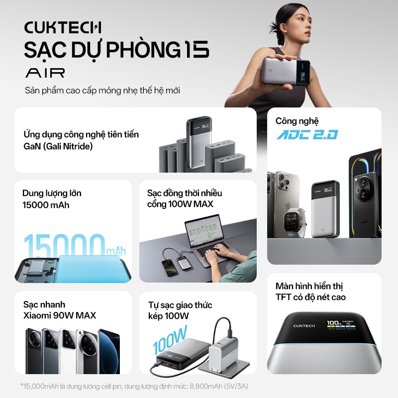 【Được chứng nhận CCC】CUKTECH Power Bank GaN tiên phong 100W Max 快充 15000mAh Xiaomi 90W Max Laptop 65W Samsung 45W iP17 | BigBuy360 - bigbuy360.vn