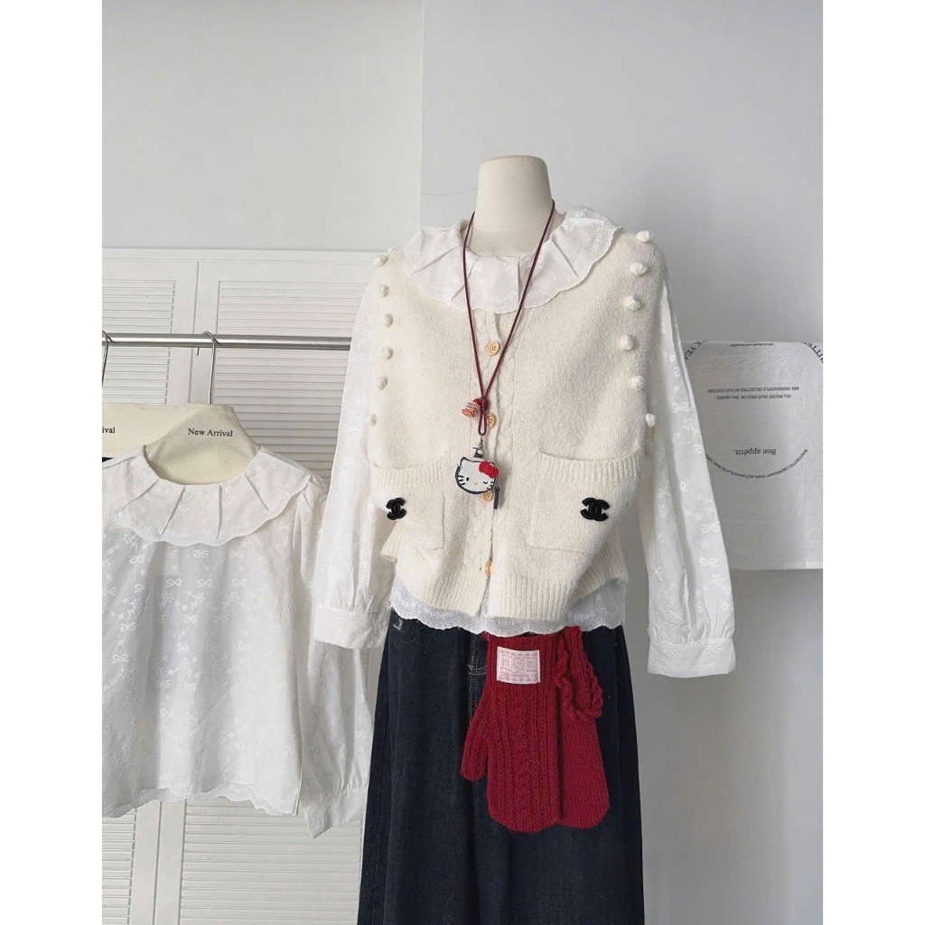 Áo sơ mi nữ cổ xếp ly tay dài bồng thô thêu nơ chất mỏng tiểu thư by Cimie Closet