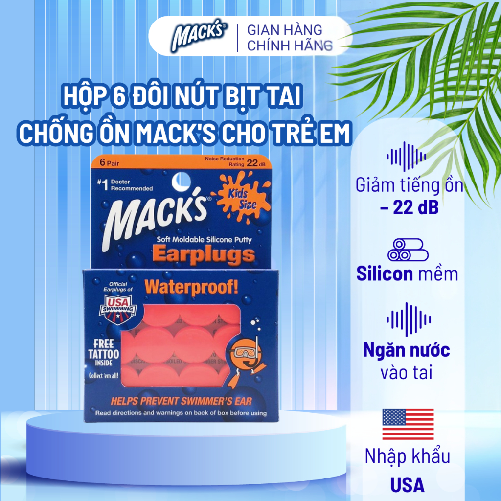 Hộp 6 đôi nút bịt tai chống ồn, ngăn nước Mack's Earplugs dành cho trẻ em ngủ ngon, bơi lội, đi máy bay