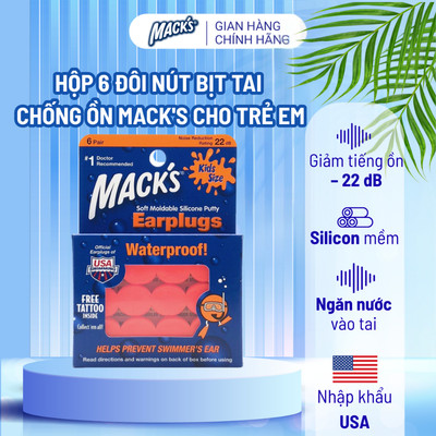 Hộp 6 đôi nút bịt tai chống ồn, ngăn nước Mack's Earplugs dành cho trẻ em ngủ ngon, bơi lội, đi máy bay