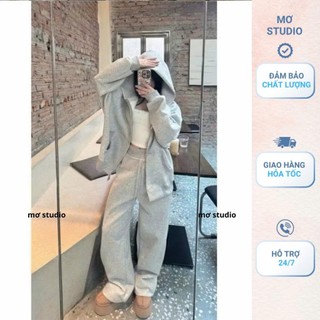MƠ STUDIO (ẢNH THẬT) SET BỘ ÁO KHOÁC NỈ MŨ PHỐI QUẦN ỐNG SUÔNG THỂ THAO