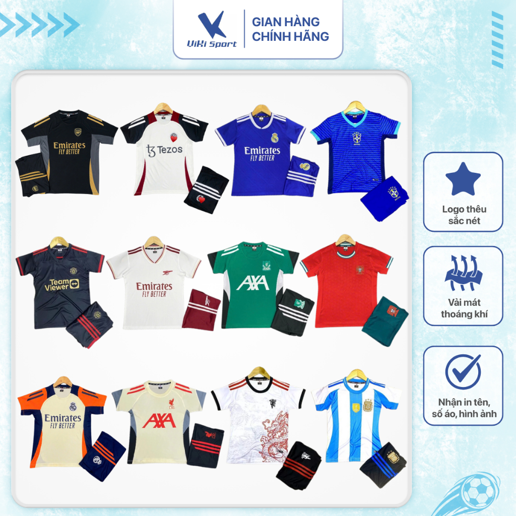 Bộ quần áo đá banh cho bé từ 8kg đến 45kg, vải thun cotton lạnh cao cấp, mịn mát JP02 - ViKi Sport