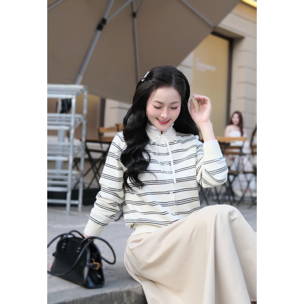 Áo len cadigan kẻ ngang cúc mở chất liệu dày dặn L1 3 màu: ghi, xanh than, kem HERIN - AL01 -