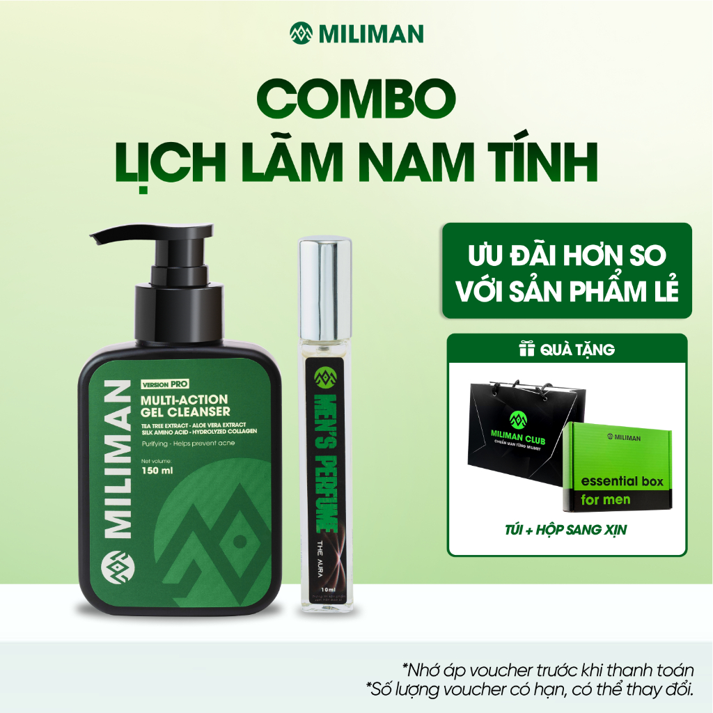 Combo Lịch Lãm Nam MILIMAN | Nước Hoa Nam Tính + Sữa Rửa Mặt Da Dầu Làm Sạch Sâu & Ngừa Mụn