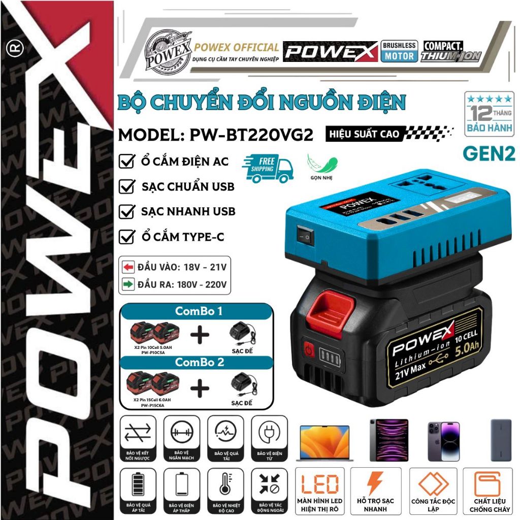 Bộ chuyển đổi điện POWEX PW-BT220VG2 – DC sang AC 110–220V, inverter nhỏ gọn đa dụng hiệu suất cao