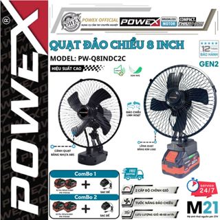 Quạt 8 inch Powex 21V, quạt tích điện, có 2 cấp độ gió, có đảo chiều, chân cắm phổ thông M21