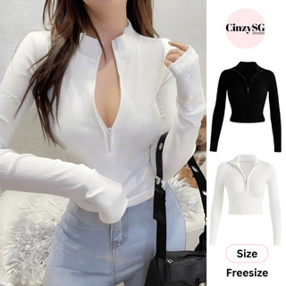  Áo Thun Nữ Tay Dài Croptop Thiết Kế Cổ Cao Khoá Kéo Len Gân Ôm Body TD06 CinZy SG 