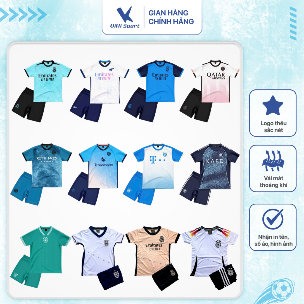 Bộ quần áo đá bóng cho trẻ Từ 10kg đến 45kg, vải thun lạnh cao cấp, thoáng khí SV06 | ViKi Sport