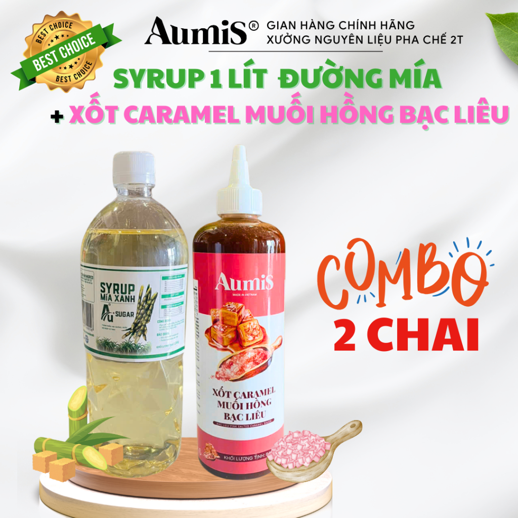 Combo 2 chai:Nước Đường Pha Chế “syrup Mía Xanh Aumis 1000ml” và Xốt Caramel Muối Hồng Làm Cà phê, T
