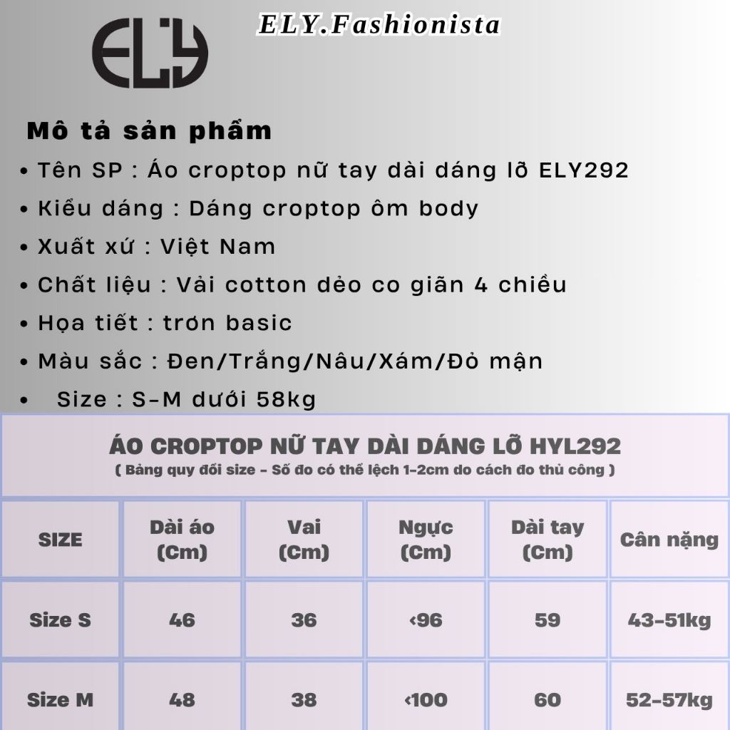 Áo Croptop Tay Dài  ELY Ôm Body Nữ  Áo Thun Dáng Lỡ Hàn Quốc Basic Co Giãn Tốt ELY292 | BigBuy360 - bigbuy360.vn