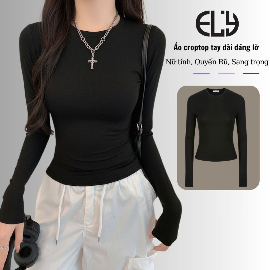 Áo croptop nữ tay dài cổ tròn vải thun coton co giãn 4 chiều kiểu basic dáng ôm body màu đen đẹp ELY278 | BigBuy360 - bigbuy360.vn