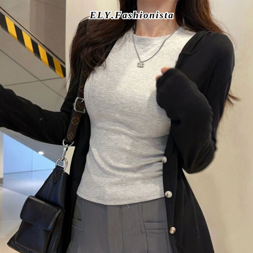 Áo croptop nữ tay dài cổ tròn vải thun coton co giãn 4 chiều kiểu basic dáng ôm body màu đen đẹp ELY278 | BigBuy360 - bigbuy360.vn