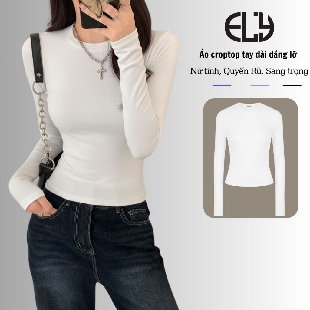 Áo Croptop Tay Dài  ELY Ôm Body Nữ  Áo Thun Dáng Lỡ Hàn Quốc Basic Co Giãn Tốt ELY292 | BigBuy360 - bigbuy360.vn