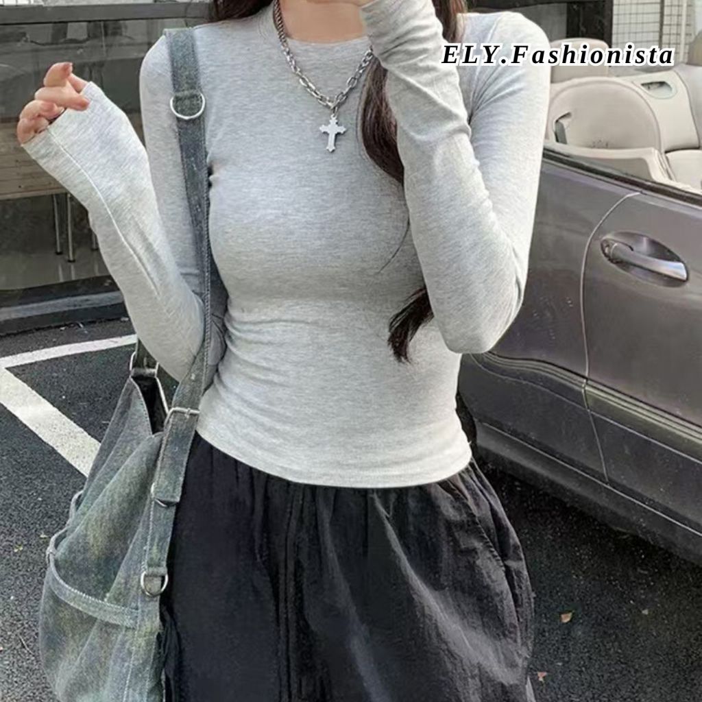 Áo Croptop Tay Dài  ELY Ôm Body Nữ  Áo Thun Dáng Lỡ Hàn Quốc Basic Co Giãn Tốt ELY292 | BigBuy360 - bigbuy360.vn