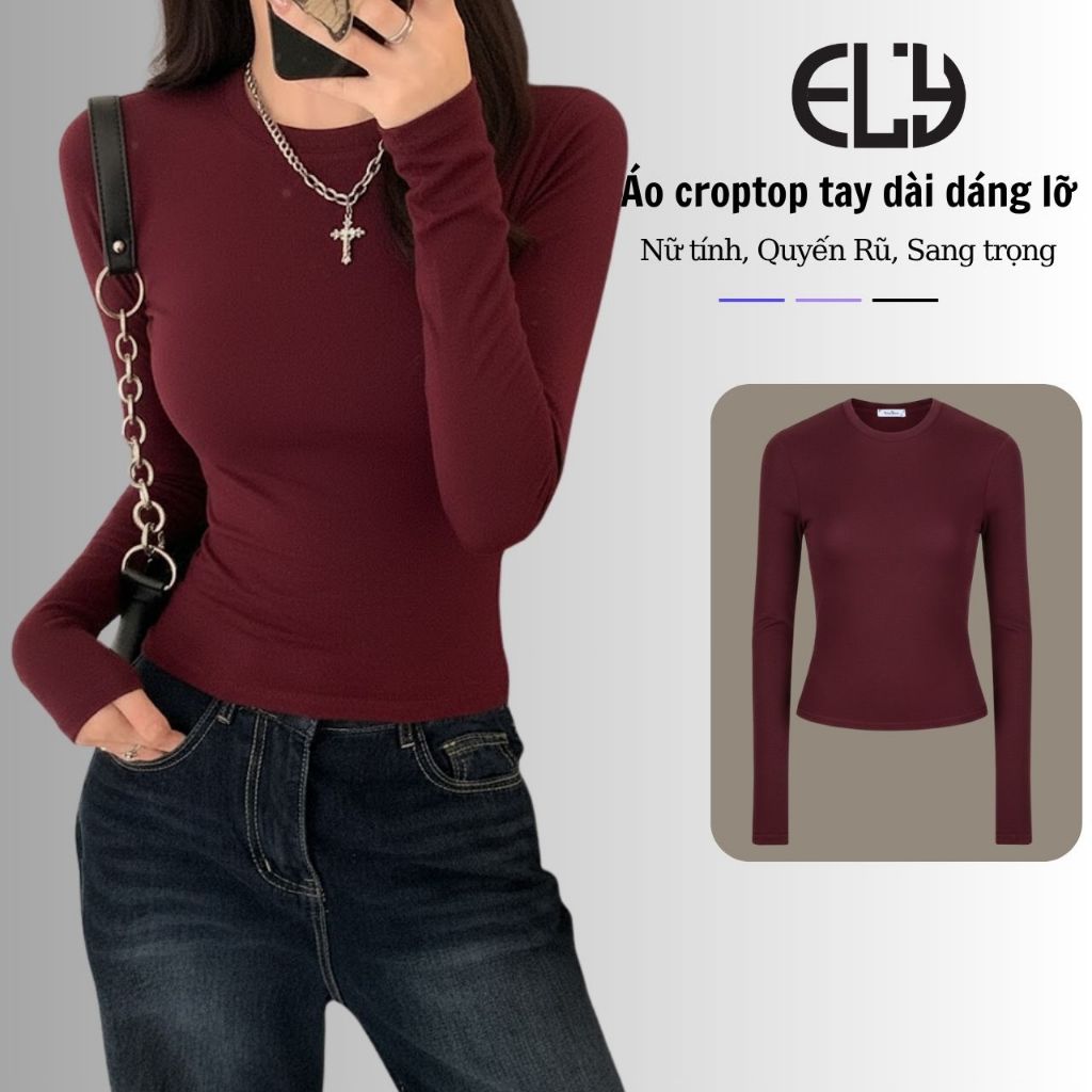 Áo croptop nữ tay dài cổ tròn vải thun coton co giãn 4 chiều kiểu basic dáng ôm body màu đen đẹp ELY278 | BigBuy360 - bigbuy360.vn