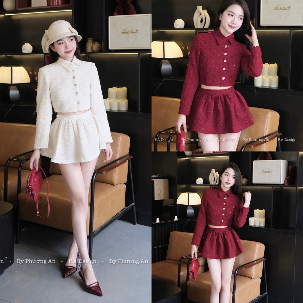 [S2.4207] Set Dạ Nhũ Kim Tuyến Hàng 2 Lớp Dày Dặn Áo Khoác Cổ Đức Mix Chân Váy Xoè 2 Màu (cvay có lót, áo có độn vai) | BigBuy360 - bigbuy360.vn