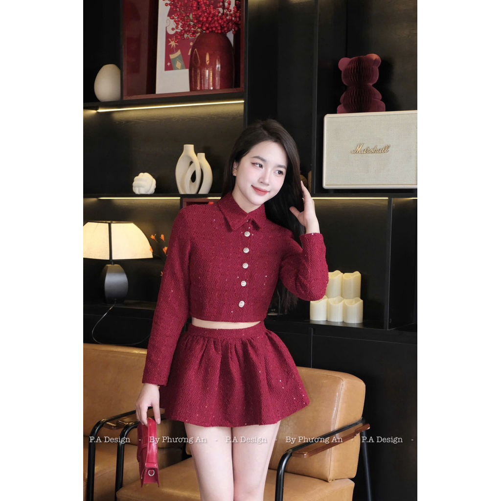 [S2.4207] Set Dạ Nhũ Kim Tuyến Hàng 2 Lớp Dày Dặn Áo Khoác Cổ Đức Mix Chân Váy Xoè 2 Màu (cvay có lót, áo có độn vai) | BigBuy360 - bigbuy360.vn