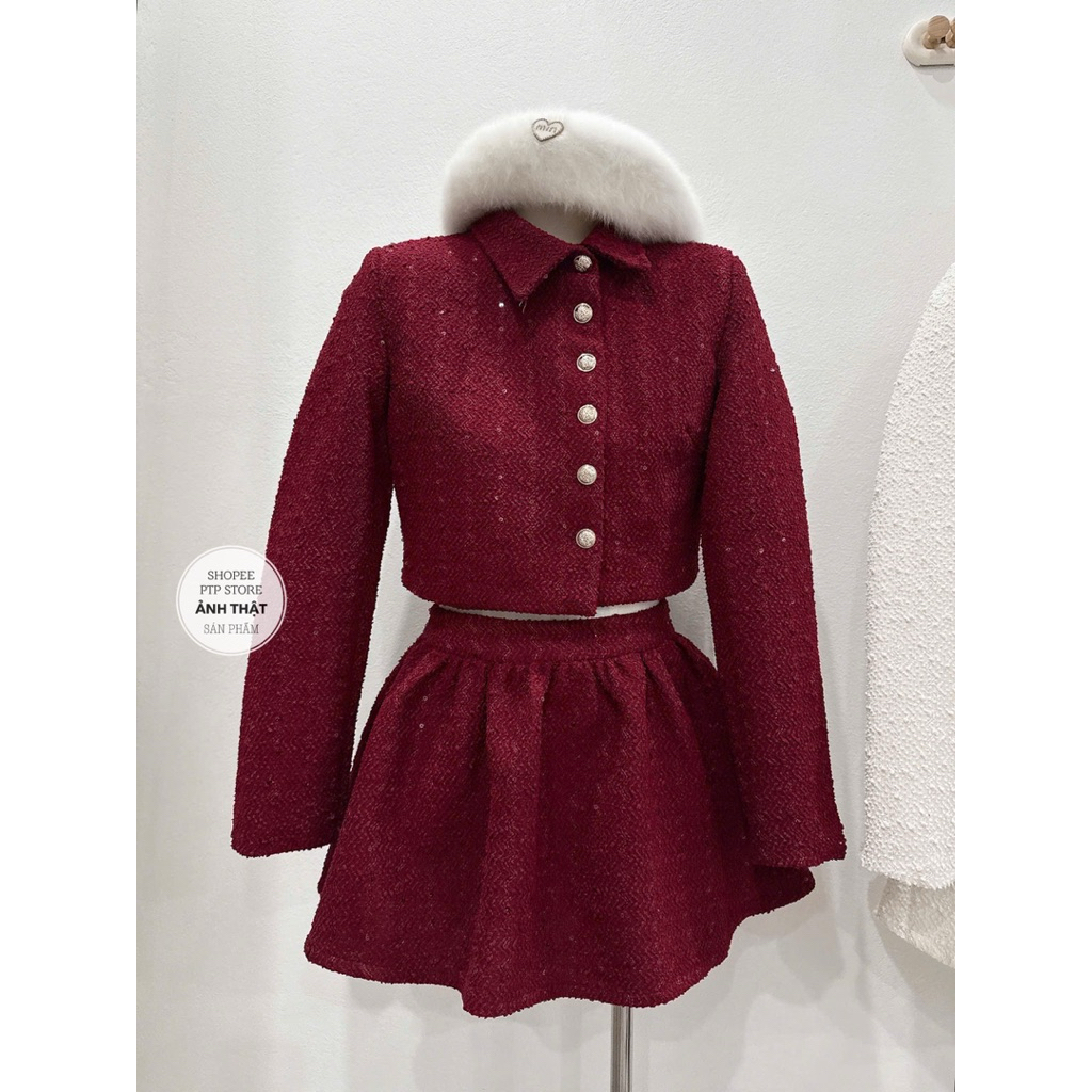 [S2.4207] Set Dạ Nhũ Kim Tuyến Hàng 2 Lớp Dày Dặn Áo Khoác Cổ Đức Mix Chân Váy Xoè 2 Màu (cvay có lót, áo có độn vai) | BigBuy360 - bigbuy360.vn