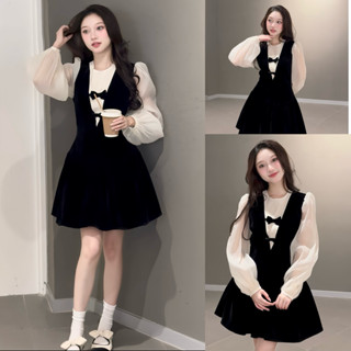  Váy nữ tiểu thư tay bồng xoè phối nơ ngực chất liệu nhung tuyết có kèm quần bảo hộ Dilyshop - V129 