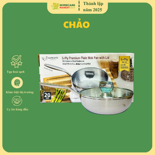 Chảo đúc inox sâu lòng 3 lớp đáy liền Tri-Ply Kaiyo size 20cm, có vung kính