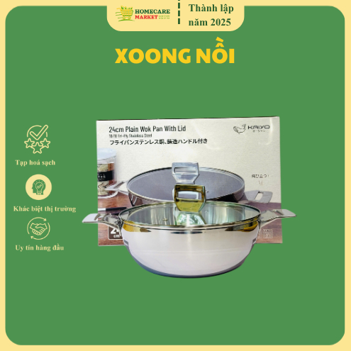 Chảo inox 3 lớp đáy liền sâu lòng Tri-Ply Kaiyo 2 tay cầm, size 24cm