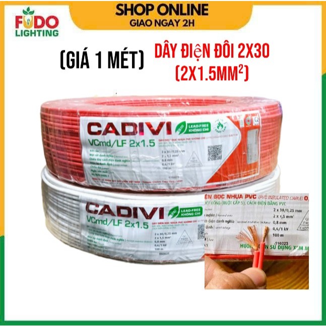 <Bán lẻ 1 mét> Dây điện đôi 2x30 (VCmd 2x1.5mm²) Cadivi chính hãng