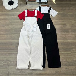  TIENSTYLE - Quần Yếm Jean Dài Nút Hông Màu Trắng- Đen Phom Suông Chất Demin Mềm Size XS XL 