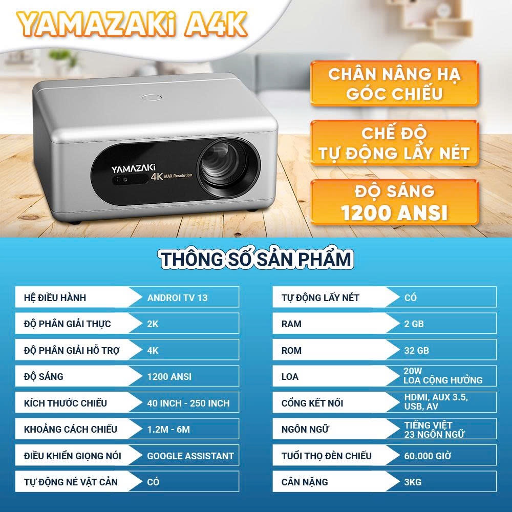 Máy chiếu mini Yamazaki A4K cao cấp độ phân giải FULL HD độ sáng 1200 ansi độ nét cực kì cao full ph
