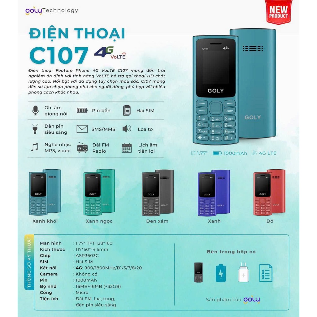 Điện thoại GOLY C107 – Điện thoại phím 4G, pin trâu, sóng mạnh, nghe gọi rõ, dễ dùng cho người lớn