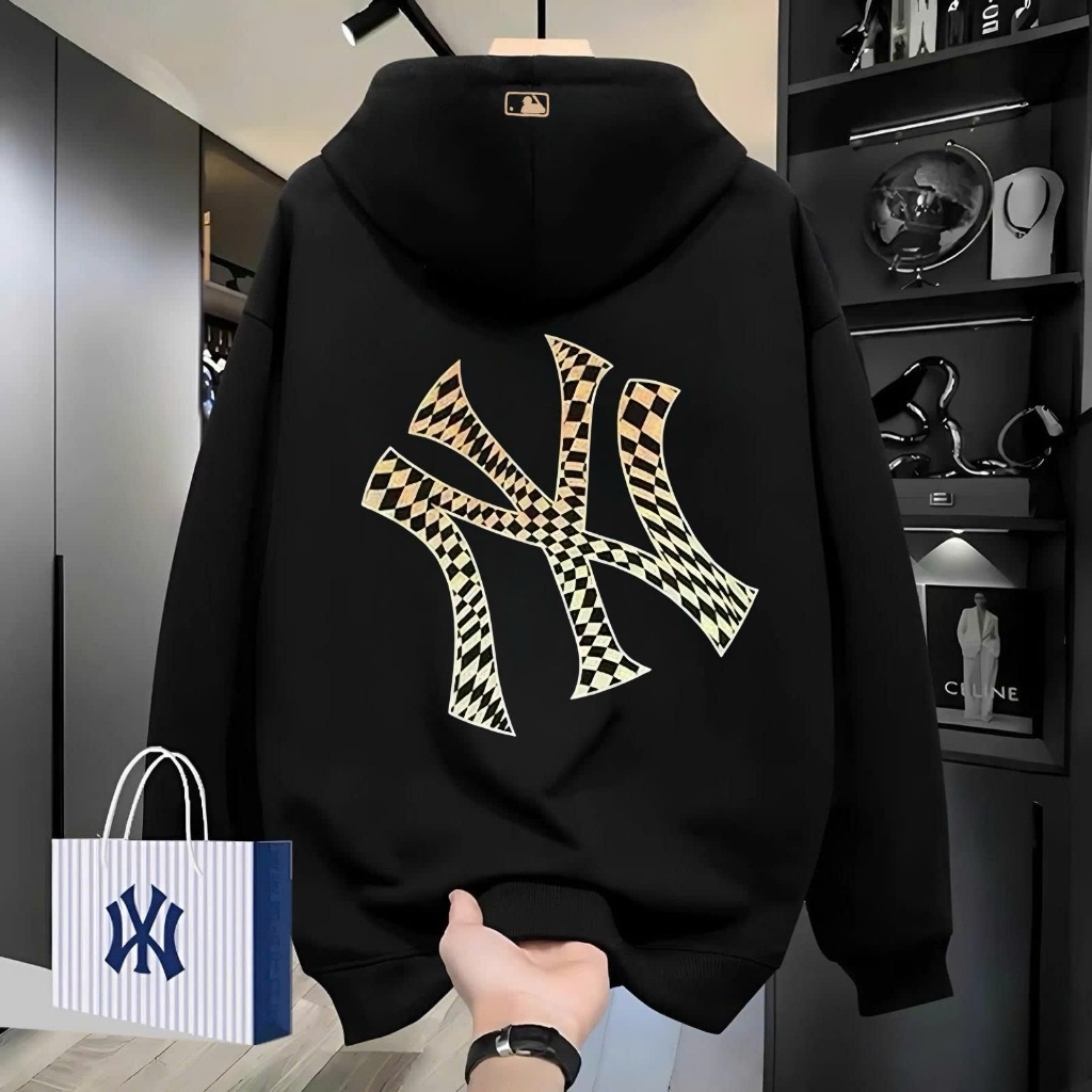  Áo Hoodie MLB  Lót Lông Cáo - Mũ To Hai Lớp Form vừa  áo HĐ nam nữ  - HĐ  NY caro VÀNG 