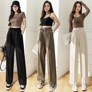Quần Tây ống rộng phối dây thắt nơ chất RUBY mềm mịn mát. Quần Culottes cạp cao tôn dáng phong cách Hàn Quốc 534