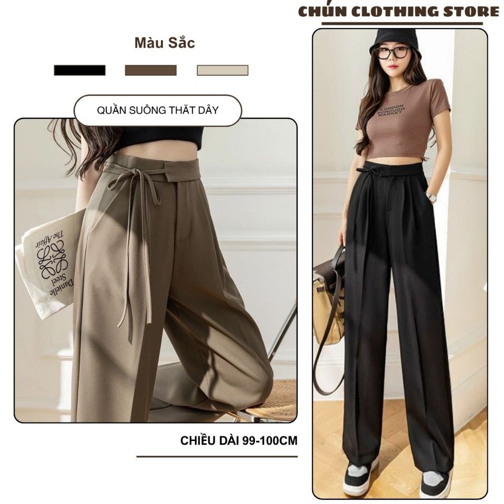 Quần Tây ống rộng phối dây thắt nơ chất RUBY mềm mịn mát. Quần Culottes cạp cao tôn dáng phong cách Hàn Quốc 534