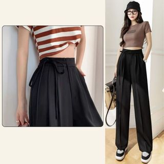 Quần Tây ống rộng phối dây thắt nơ chất RUBY mềm mịn mát. Quần Culottes cạp cao tôn dáng phong cách Hàn Quốc 534
