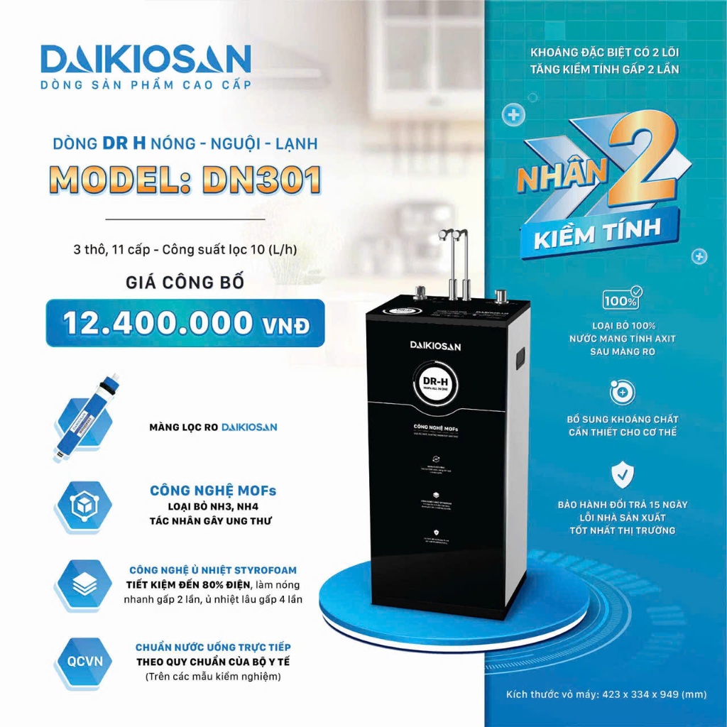 Máy lọc nước Daikiosan DR H Nóng + Nguội + Lạnh DN301 – Lọc Sạch & Tăng Kiềm Tự Nhiên