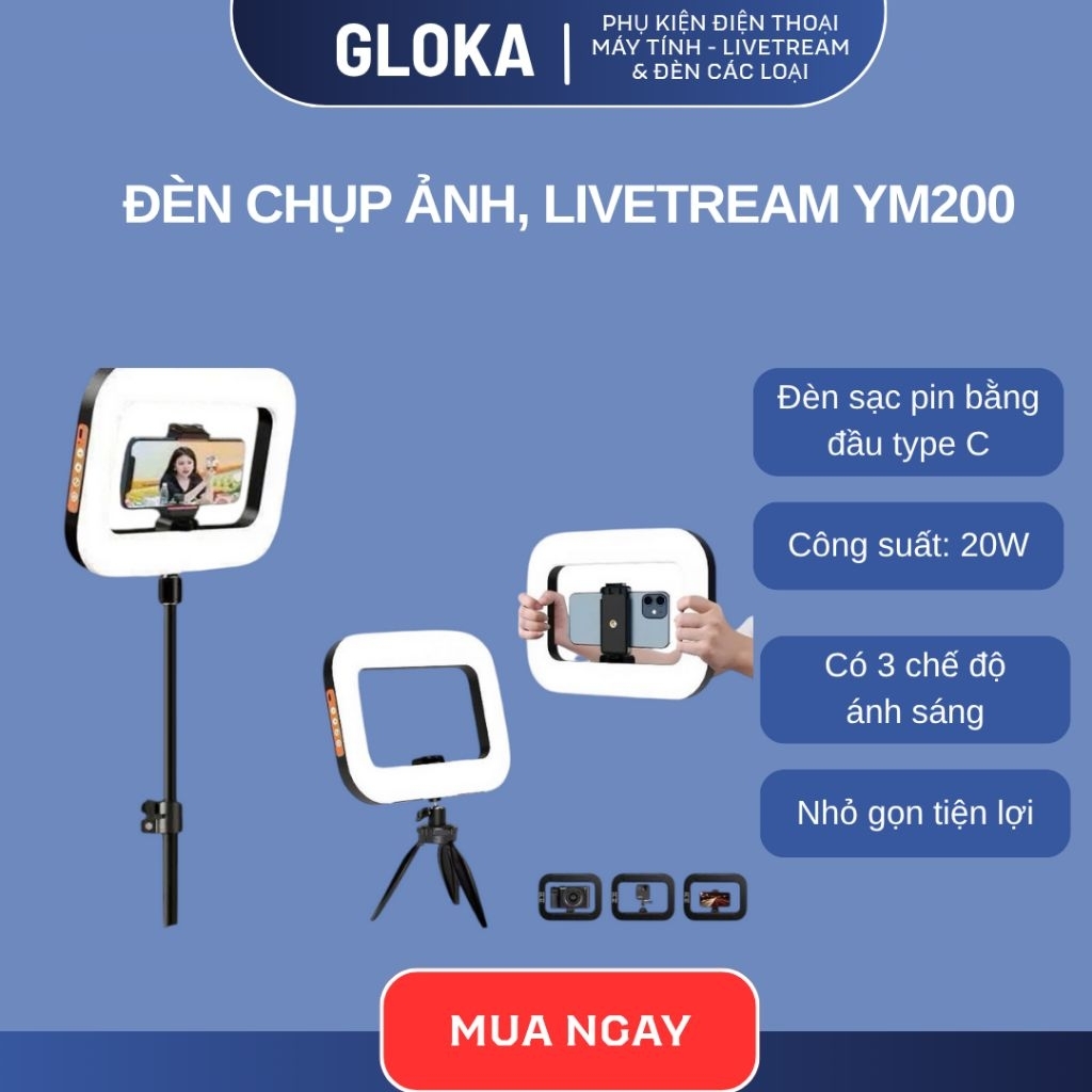 Đèn livetream di động YM200 kèm giá đỡ điện thoại hỗ trợ quay video, chụp ảnh, livetream